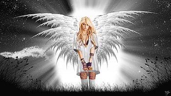 Taylor Momsen, wings, white, black, feathers, blonde, goth, angel, dark, woman, fantasy, female HD wallpaper