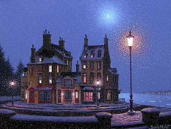 Another thoughtful blue evening from Denis Nolet, night, blue, painting, denis nolet, building, another art HD wallpaper