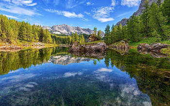 Lake in Slovenia, national park, trees, mountains, lake, Slovenia HD wallpaper