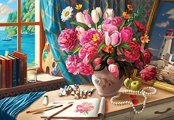 The Smell of Art, table, books, apples, painting, window, paint, flowers, brushes HD wallpaper