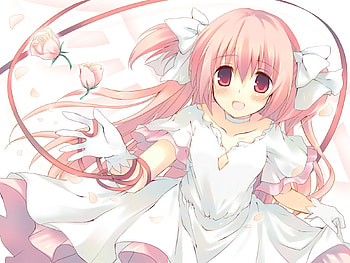 Kaname Madoka, mahou shoujo madoka magica, white, ribbon, gloves, magical girl, pink hair, twin tails, goddess, dress, rose, flower, solo, female HD wallpaper
