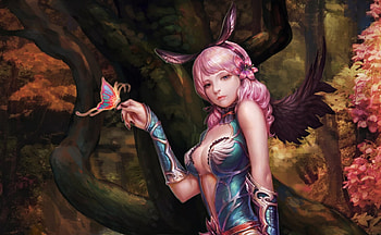 Fantasy girl, blue, girl, hand, pink, butterfly, fantasy, ears, jinzhi hao, luminos, forest HD wallpaper