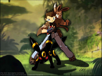 Leon and his pokemon evee and umbreon, umbreon, eevee, trainer, pokemon HD wallpaper