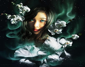 Lady of the orchids, green leaves, black background, framed, beauty, woman, lady, fantasy, abstract, white orchids, dark hair, flowers, orchids HD wallpaper