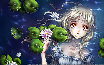 LOST, blonde, white lotos, girl, purple eyes, sparkling eyes, white dress, anime, lotos, water HD wallpaper