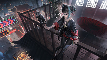 Anime Girl With Cat On Rooftop Balcony, anime, girl, cat, rooftop, balcony, artist, artwork, art, digital-art, ai, pixiv HD wallpaper
