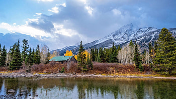 A Cabin In The Woods, trees, clouds, sky, water, forest, mountains, reflections HD wallpaper