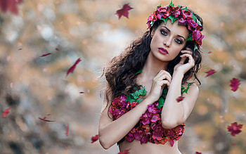 Beauty, model, brunette, eyes, girl, face, flowers, hair, female, wreath HD wallpaper