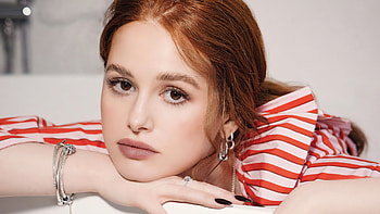 Closeup View Of Girl Model Madelaine Petsch Is Sitting In White Background Wearing Red White Stripes Dress Girls HD wallpaper