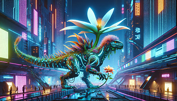 Cyberpunk Dinosaur in Neon City, dinosaur, cyberpunk, futuristic, neon, flower HD wallpaper