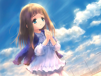 Praying for U, blouse, cute, long hair, dress, beauty, nice, adorable, cloud, female, sundress, sweet, blue eyes, girl, beautiful, adore, kawaii, anime girl, anime, pretty, brown hair, sky, lovely HD wallpaper