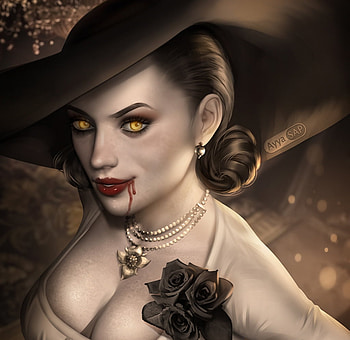 Lady Dimitrescu, girl, vampire, hat, frumusete, art, ayyasap, jewel, halloween, fantasy, face, luminos HD wallpaper