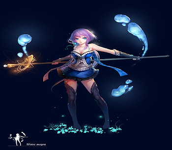 Water Magic, sexy, staff, blue eyes, hot, pink hair, dress, anime girl, flower, thighhighs, cool, short hair, water, big breasts, female HD wallpaper