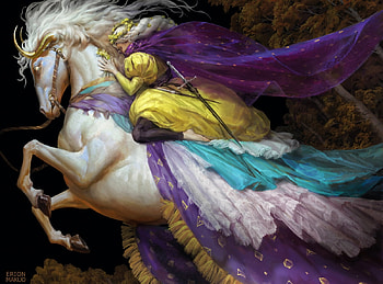 Escape, blue, white, horse, frumusete, running, art, erion makuo, gorgeous, girl, superb, fantasy, yellow, luminos, princess HD wallpaper