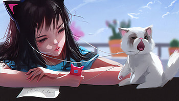 Anime Girl With Cat Pulling Back Her Heads, anime-girl, anime, cat, artist, artwork, digital-art HD wallpaper