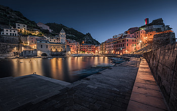 Vernazza, evening, sunset, harbor, Vernazza panorama, Vernazza cityscape, Cinque Terre, Liguria, Italy HD wallpaper