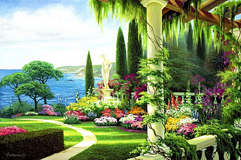 Seaside villa, seaside, colorful, statue, nice, painting, trees, water, sea, art, path, garden, paradise, villa, beautiful, lake, park, pretty, freshness, view, flowers, lovely HD wallpaper