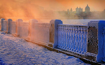 Frozen Bridge, mist, river, city, snow, sunset HD wallpaper
