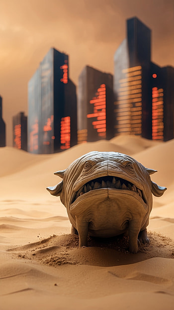 Dystopian Desert Creature, desert landscape, futuristic city, digital illustration HD phone wallpaper