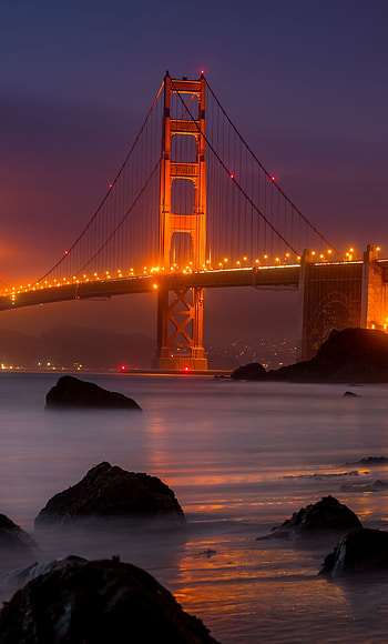 San Francisco Travels, Golden Gate Bridge, Yellow lights, Night beauty HD phone wallpaper