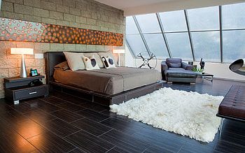 stylish interior design, bedroom, gray tiles in the bedroom, idea for a bedroom, modern interior HD wallpaper
