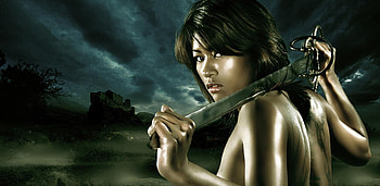 Lonely Warrion, night, sword, path, beautiful, woman, mist, fantasy, clouds, castle, hill HD wallpaper