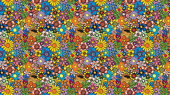 Flowers, blue, colorful, skin, summer, flower, green, yellow, red, texture HD wallpaper