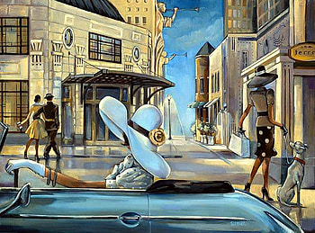 Trish Biddle. Bass hall, dog, painting, trish biddle, art, car, hat, woman HD wallpaper