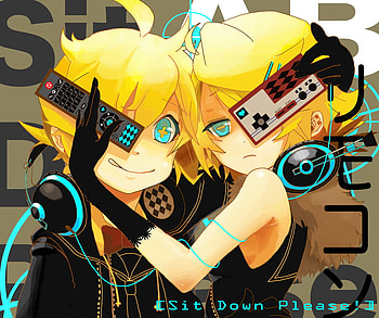 kagamine twins, blonde, heads, smile, rin, cute, vocaloid, big blue eyes, kagamin len, remotes HD wallpaper