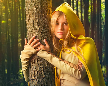 Forests girl, blond, yellow hood, forests, woman, tree HD wallpaper