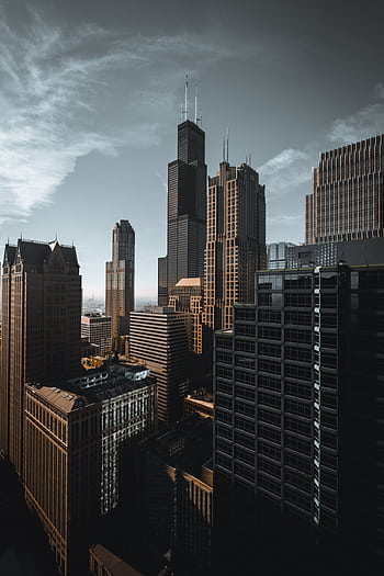 Elevated view of Chicago's modern skyline with the iconic Willis Tower. HD phone wallpaper