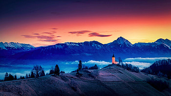 Sunrise in Slovenia, fog, landscape, colors, sky, julian, church, mountains, alps HD wallpaper