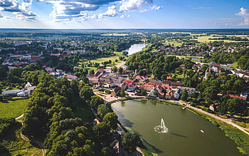 Talsi, Latvia, aerial, fountain, town, Latvia, hiouses, lake HD wallpaper