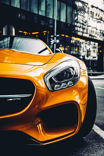 Yellow car, Mercedes, headlight HD phone wallpaper