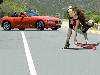 lady in the road way, sexy, lady, car, road, models, people, tree HD wallpaper