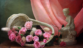 Flowers, Roses, Pink, Cloth, Statuette, Basket HD wallpaper