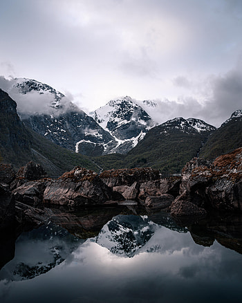 Nature, Mountains, Clouds, Rocks, Lake, Reflection, Snow Covered, Snowbound HD phone wallpaper