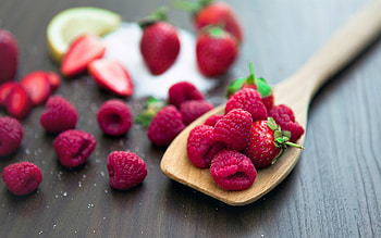 raspberries, berries, strawberries, raspberries in a spoon, healthy berries HD wallpaper