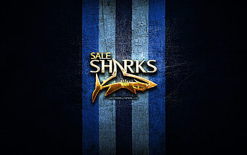Sale Sharks, golden logo, Premiership Rugby, blue metal background, english rugby club, Sale Sharks logo, rugby HD wallpaper