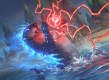 Lutri the spellchaser, blue, animal, lightning, fantasy, red, lie setiawan, lutri, creature HD wallpaper