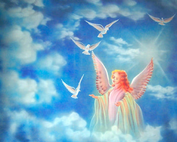 Angel in the sky, birds, painting, clouds, sky, angel HD wallpaper