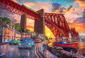 Forth Bridge at Sunset, cars, town, artwork, river, digital, ship, street HD wallpaper