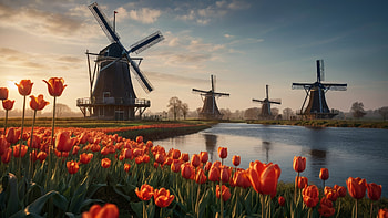 Dutch windmills with tullips field, windmill, field, tulip HD wallpaper