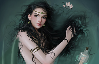 Mermaid, black, art, girl, beauty, woman, bottle, jewel, fantasy, green, luminos HD wallpaper