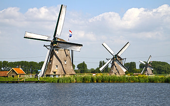 Windmills in Netherlands, clouds, canal, Netherlands, windmills HD wallpaper