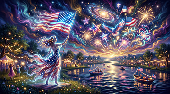 — 4th of July: Stars & Stripes Riverfire, American Flag, Fireworks, Lake, Boat, Celebration HD wallpaper