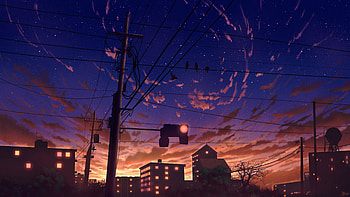 City Street At Sunset With Traffic Light, sunset, blue, sky, street, house, buildings, building, artist, artwork, art, digital-art, ai, pixiv HD wallpaper