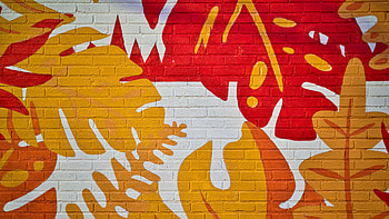 Yellow Red Leaves Graffiti White Bricks Graffiti HD wallpaper