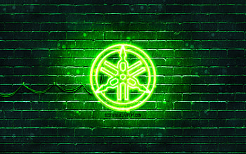 Yamaha green logo, , green brickwall, Yamaha logo, motorcyles brands, Yamaha neon logo, Yamaha HD wallpaper