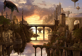 Building, Boat, Fantasy, City, Bridge, Futuristic HD wallpaper